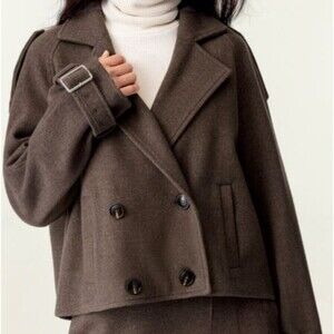 OGL CashSoft Warm Cozy Oversized Double Breasted Short Coat Brown Size XL